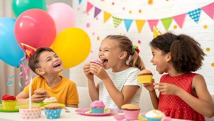 Fototapeta premium Joyful Kids Eating Cupcakes at a Vibrant Birthday Party, Happy Children Celebrating with Sweets and Laughter, Three Excited Friends Enjoying Treats at a Colorful Party, Birthday Bliss Kids Delighting