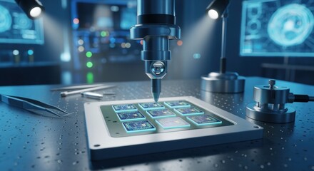 Quantum chip packaging process captured in a futuristic lab showcasing silicon qubits attached to ceramic modules with precise alignment instruments.