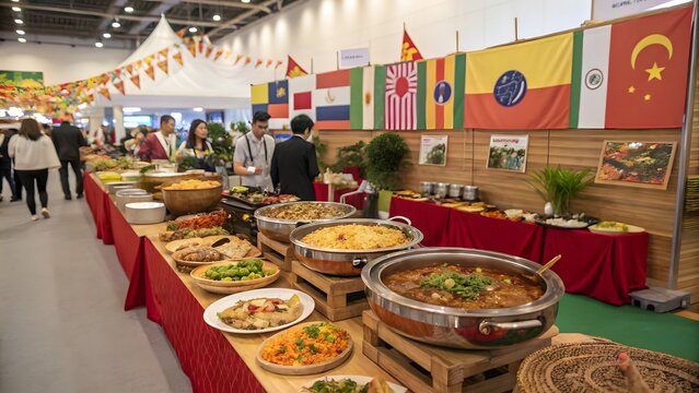 Vibrant International Food Fair with Cultural Flags and Cuisine, Global Culinary Showcase at an International Food Festival, Diverse Buffet Spread at a Cultural Exchange Event