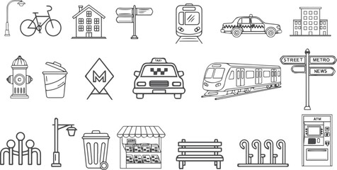 Transportation Line Icons – Car, Bus, Bicycle, Train, Taxi
