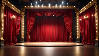 Red stage curtains, empty stage