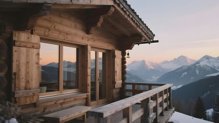 Obraz premium Wooden Cabin with Mountain View at Sunset
