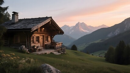 Rustic wooden cabin nestled in a serene mountain valley at sunset
