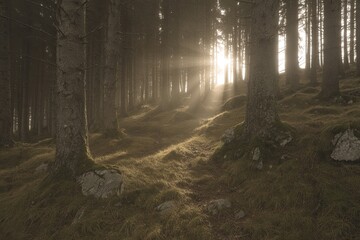 Misty forest path bathed in sunlight
