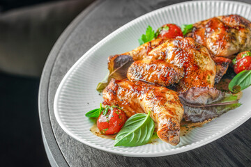 Roasted glazed chicken pieces served with cherry tomatoes and fresh herbs on an elegant white plate. top view. copy space