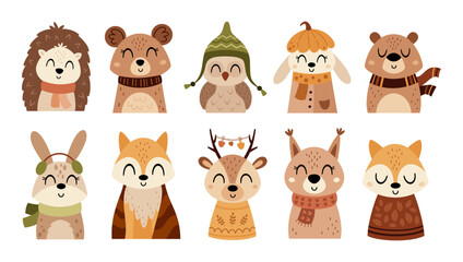 Cute autumn woodland animals clipart set. Cartoon fall characters. Vector hand drawn illustration