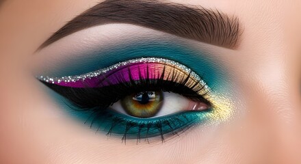 Fototapeta premium Dramatic eye makeup close up with winged eyeliner and bright eyeshadow