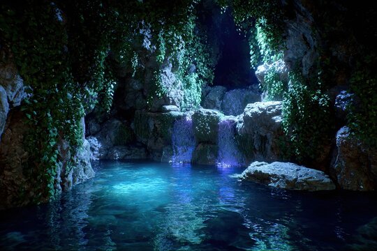 A tranquil cave pool, illuminated by soft light, with cascading waterfalls. Lush greenery drapes the rocky walls