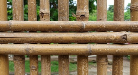 A close-up view depicts a fence constructed of natural bamboo poles. Horizontal pieces connect uprights, creating a rustic, textured barrier with blurred green foliage background