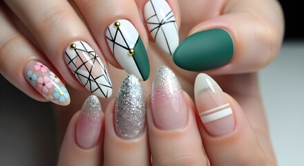 Elegant Almond Shaped Nail Art Design with Geometric Patterns and Glitter