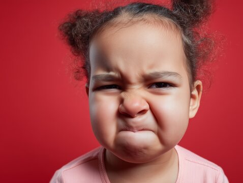 A young child with a grumpy expression stands in front of a bold red backdrop, displaying strong emotion.