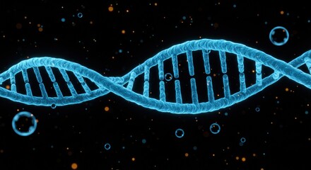 Glowing blue DNA double helix structure over black background with dispersed bubbles and specks of orange