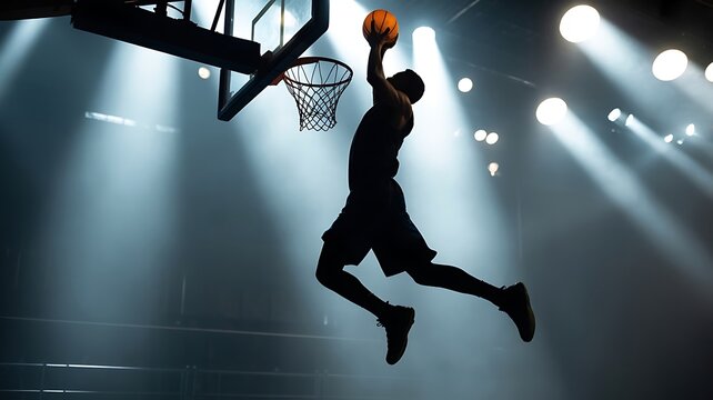Silhouette of basketball player dunking ball on court with dramatic lighting image