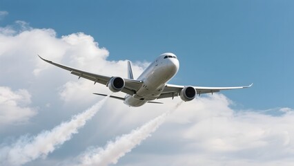 Fototapeta premium Commercial airplane ascending into the sky with visible contrails