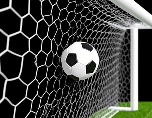 A white soccer ball rests in a black goal net, symbolizing the game's competitive spirit