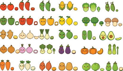 Cute Cartoon Vegetables and Fruits with Smiley Faces &ndash; Vector Set for Kids and Food Projects