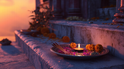 pitru paksha, shraddha ritual, diya, hindu culture, prayer plate, marigold flowers, incense sticks, homage to ancestors