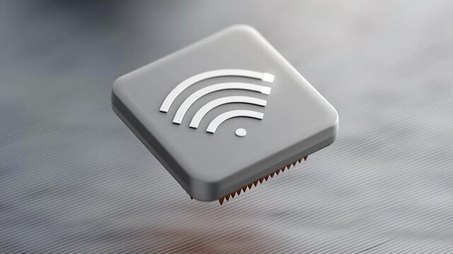 AI chip compact module with wireless signal icon floating above circuit board surface and metallic surface showing technology concept with module pins