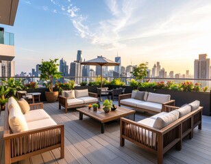 City street restaurant patio with chairs, umbrellas, and table