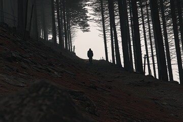 Misty mountain path, lone figure