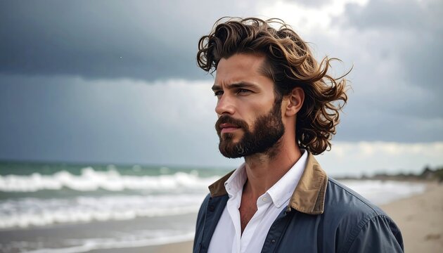 A man with long curly hair and a beard stands on a beach, looking thoughtfully toward the stormy sea