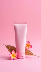 Pink Cosmetic Tube with Tropical Flowers on Pink Background