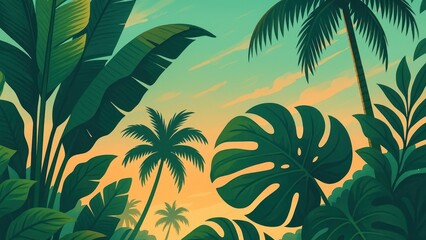 Tropical paradise lush foliage sunset