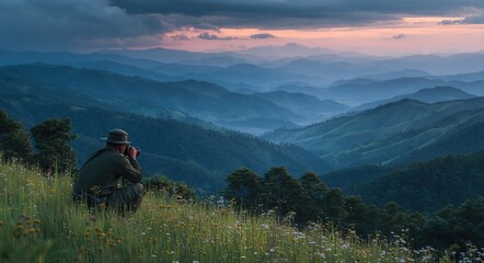 A scene of photography enthusiasts capturing beautiful scenery with cameras in the mountains and wilderness, suitable for outdoor brands, photography club event promotions, etc.
