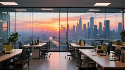 Modern office space with desks and computers, overlooking a city skyline at sunset.