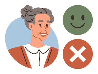 Smiling elderly woman with decision symbols, a happy face, and cross mark indicating choice evaluation or judgment. Ideal for senior care, choices, emotions, aging, life decisions, nursing