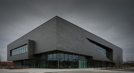 Modern, angular building with dark grey facade, large glass windows, and a clear entryway. Cloudy skies above a concrete courtyard