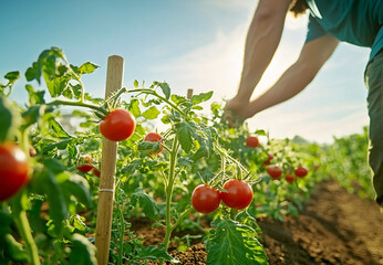 Sunlit landscape with tomato plants and green fields, perfect for farm blogs, agricultural posters