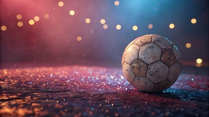 Soccer ball on sparkling ground with festive lights