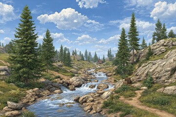 Obraz premium Mountain stream winds through a valley. Lush green conifers frame a rushing stream. A small rustic cabin is nestled in the distance