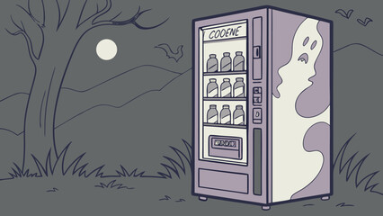 A spooky vending machine dispensing mysterious bottles under a full moon with bats flying in the eerie nighttime landscape