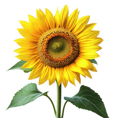 Obraz premium Vibrant yellow sunflower with green leaves and water droplets isolated on transparent background