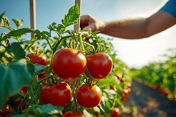 Sunlit landscape with tomato plants and green fields, perfect for farm blogs, agricultural posters
