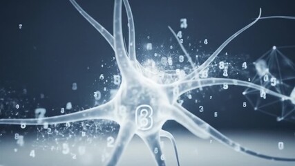 Digital representation of a neuron with glowing numbers illustrating data processing. - Powered by Adobe