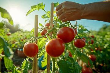 Sunlit landscape with tomato plants and green fields, perfect for farm blogs, agricultural posters