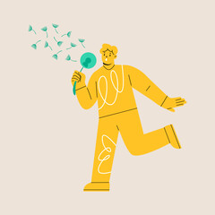 Man blowing dandelions. Colorful vector illustration