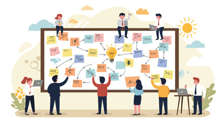 Brainstorming Session with Team Members Working on a Big Idea Board