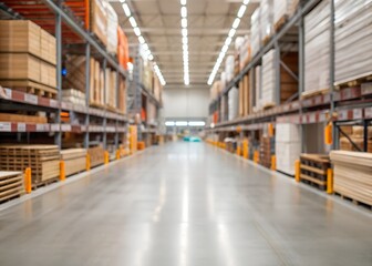 Large home improvement store interior with blurred aisles showcasing stocked building materials and insulation for construction projects