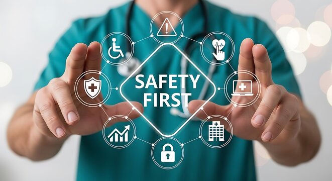 Safety first healthcare concept promoting workplace safety and health regulations in hospitals and clinics