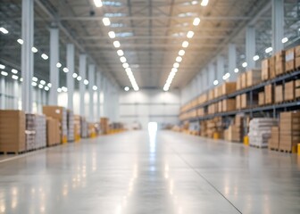 Obraz premium A stunning image of blur warehouse factory storage background, Shipping merchandise in warehouse storage room background, Blur factory and products with bokeh light backdrop.