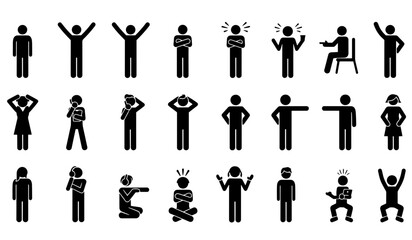 Silhouette vector illustration of various stick figures showing different body postures on transparent background