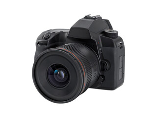 Naklejka premium High quality DSLR camera with a wide angle lens. Photography, technology, equipment, and digital imaging concept.