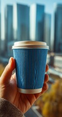 Hand holds blue disposable coffee cup, city view