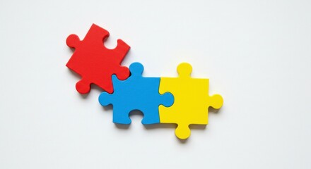 Obraz premium Three brightly colored puzzle pieces, red, blue and yellow, interlock. The red piece is partially connected. The background is white