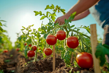 Sunlit landscape with tomato plants and green fields, perfect for farm blogs, agricultural posters