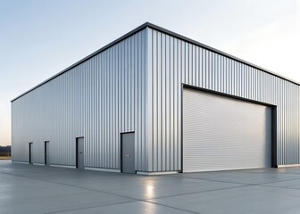 Industrial Minimalism A contemporary warehouse with a sleek, corrugated metal facade and a single, large garage door.